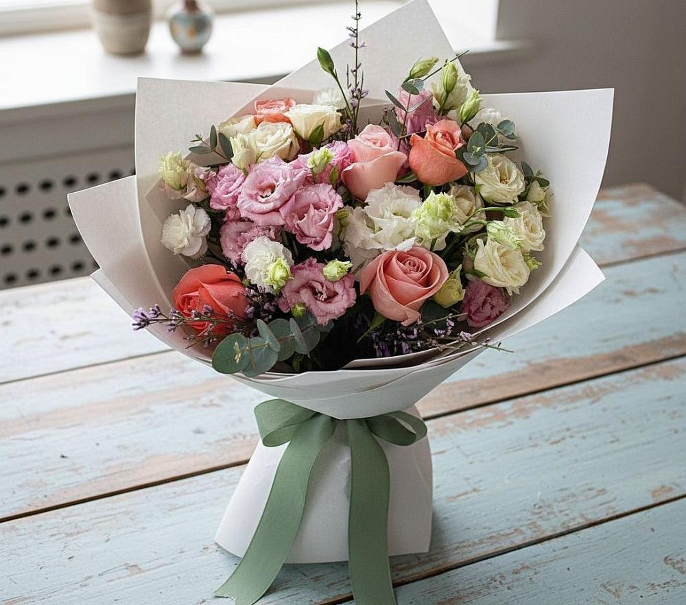 Букет цветов из: Розы, Лизиантусы и Гвоздики в Пачелме