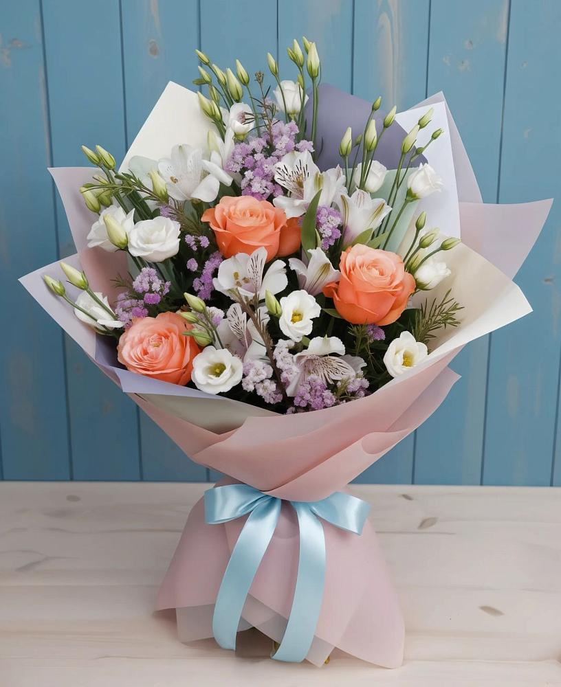 Букет цветов из: Лизиантусы, Розы, Альстромерии и Гипсофила в Пачелме